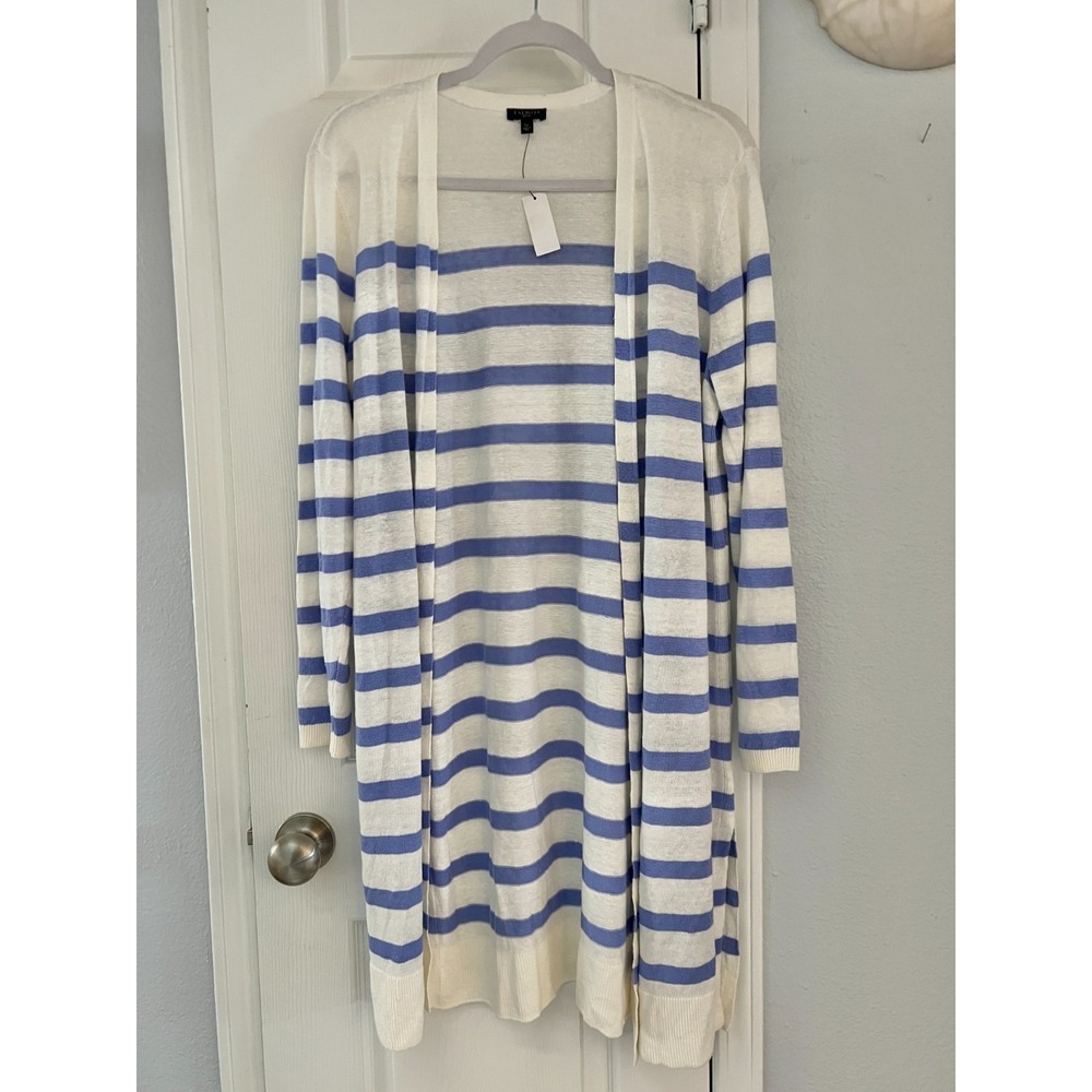 Talbots Petite Linen Stripe Cardigan Dress Women's PL Blue White Open Front NWT‎
